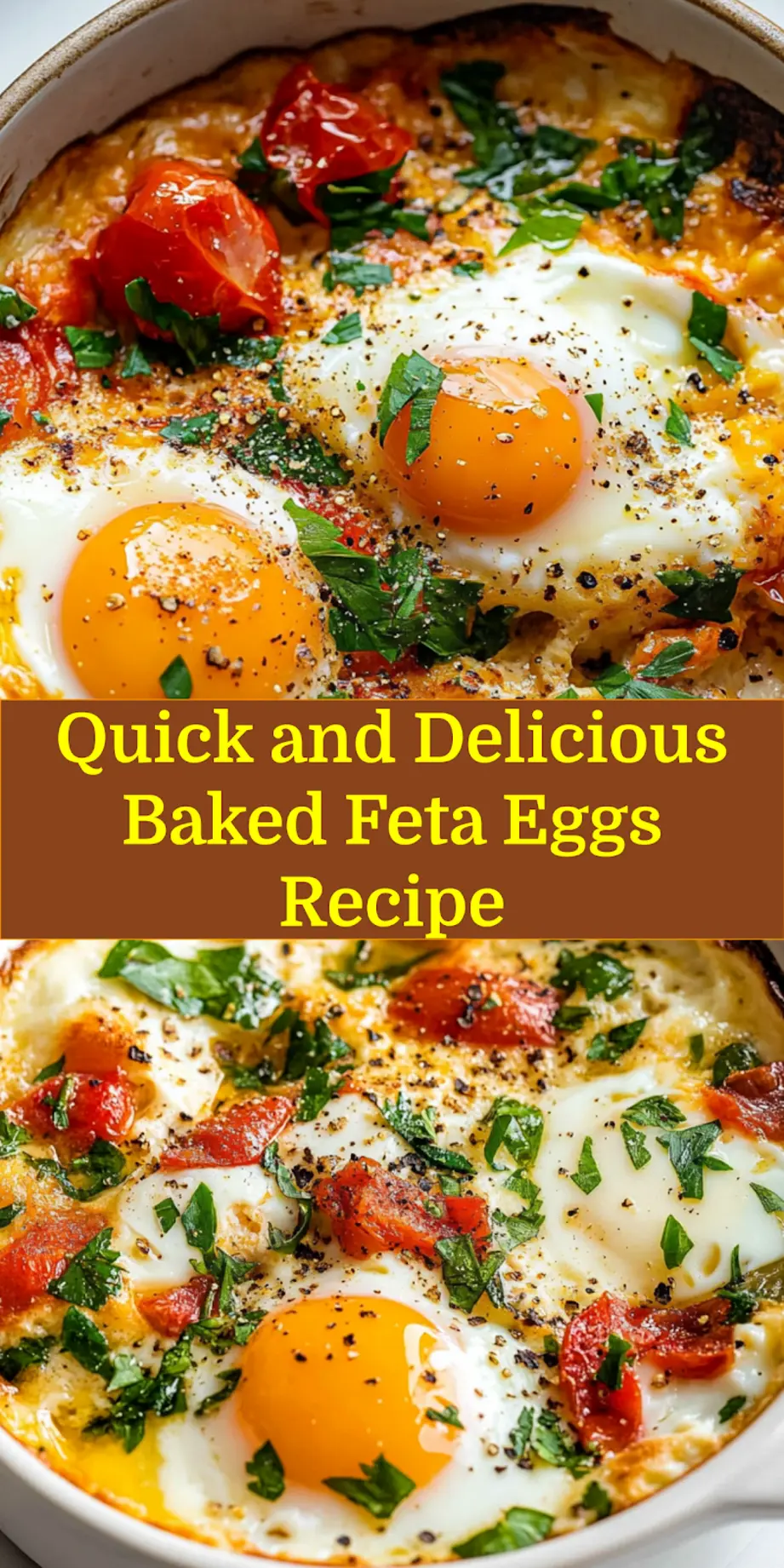 A close-up of the Baked Feta Eggs with runny yolks, roasted tomatoes, and melted feta, perfect for pinning.