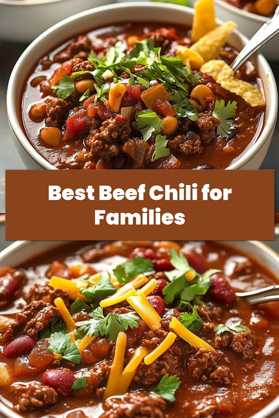 A top-down shot of a hearty beef chili bowl, ready for serving, paired with a cornbread slice – ideal for Pinterest.