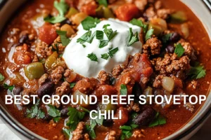 Best Ground Beef Stovetop Chili Easy and Irresistible BEST GROUND BEEF STOVETOP CHILI centered hero view, clean and uncluttered