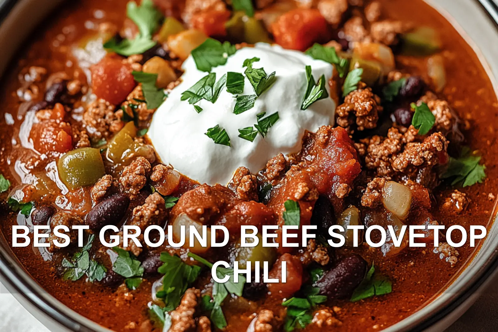 BEST GROUND BEEF STOVETOP CHILI centered hero view, clean and uncluttered