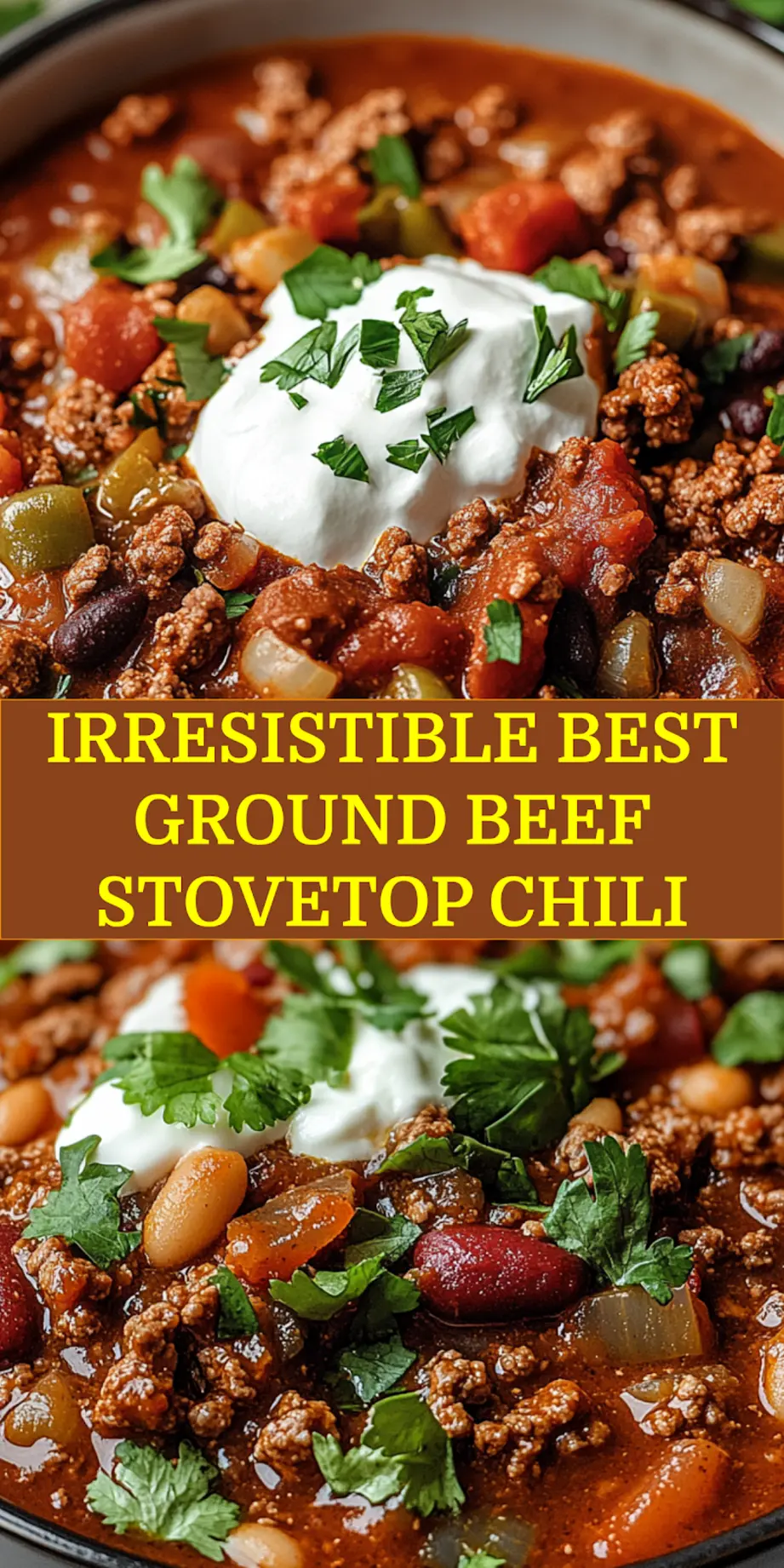 Pin-worthy image of BEST GROUND BEEF STOVETOP CHILI in a rustic bowl with toppings