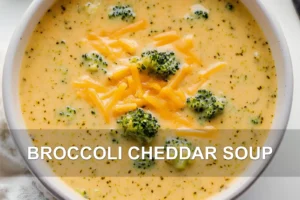 BROCCOLI CHEDDAR SOUP centered hero view, clean and uncluttered