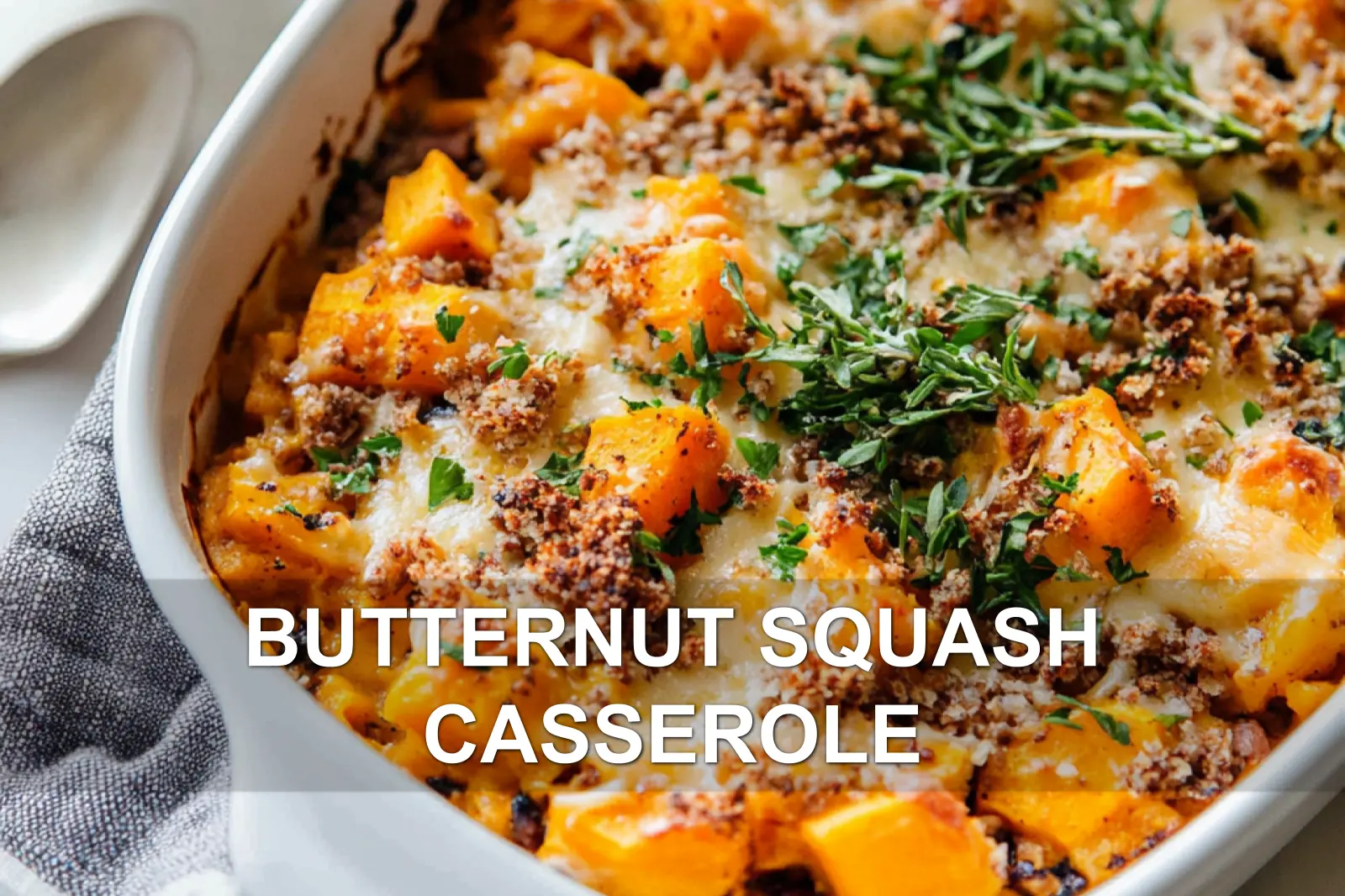 BUTTERNUT SQUASH CASSEROLE centered hero view, clean and uncluttered