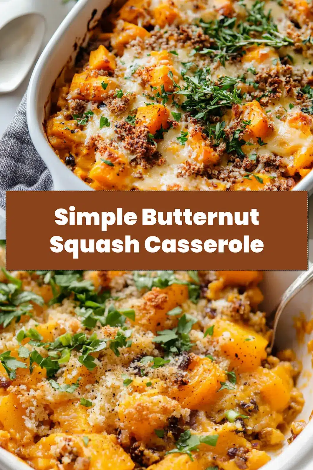 A beautifully golden butternut squash casserole, garnished and ready for serving. Perfect for pinning on Pinterest.
