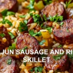 CAJUN SAUSAGE AND RICE SKILLET centered hero view, clean and uncluttered