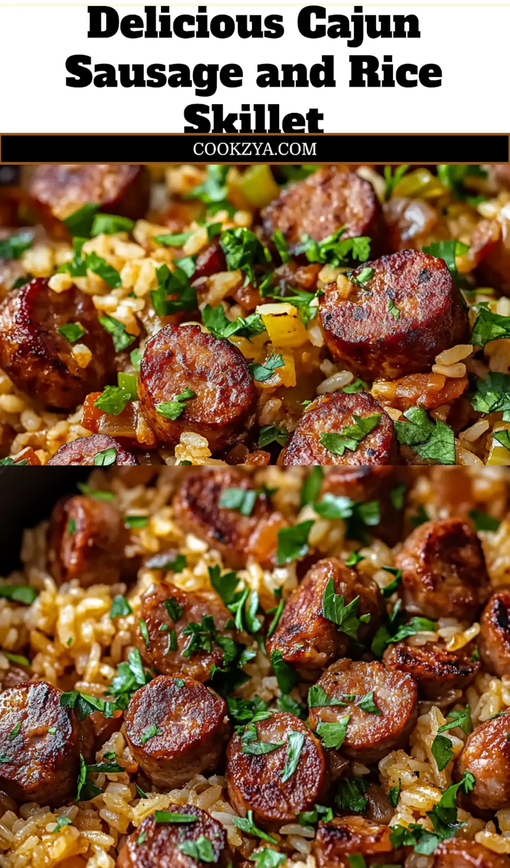 Overhead shot of a full Cajun Sausage and Rice Skillet, garnished with fresh green onions, ready to serve as a weeknight meal