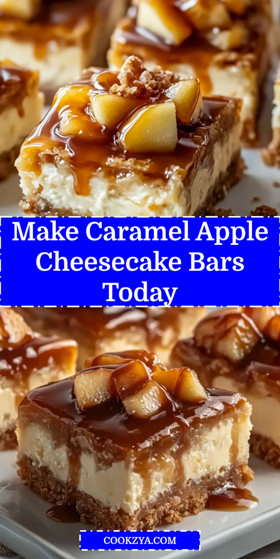 Caramel Apple Cheesecake Bars Perfect Fall Dessert 6 CARAMEL APPLE CHEESECAKE BARS centered hero view, clean and uncluttered_pin