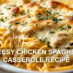 CHEESY CHICKEN SPAGHETTI CASSEROLE RECIPE centered hero view, clean and uncluttered