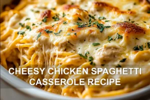 CHEESY CHICKEN SPAGHETTI CASSEROLE RECIPE centered hero view, clean and uncluttered