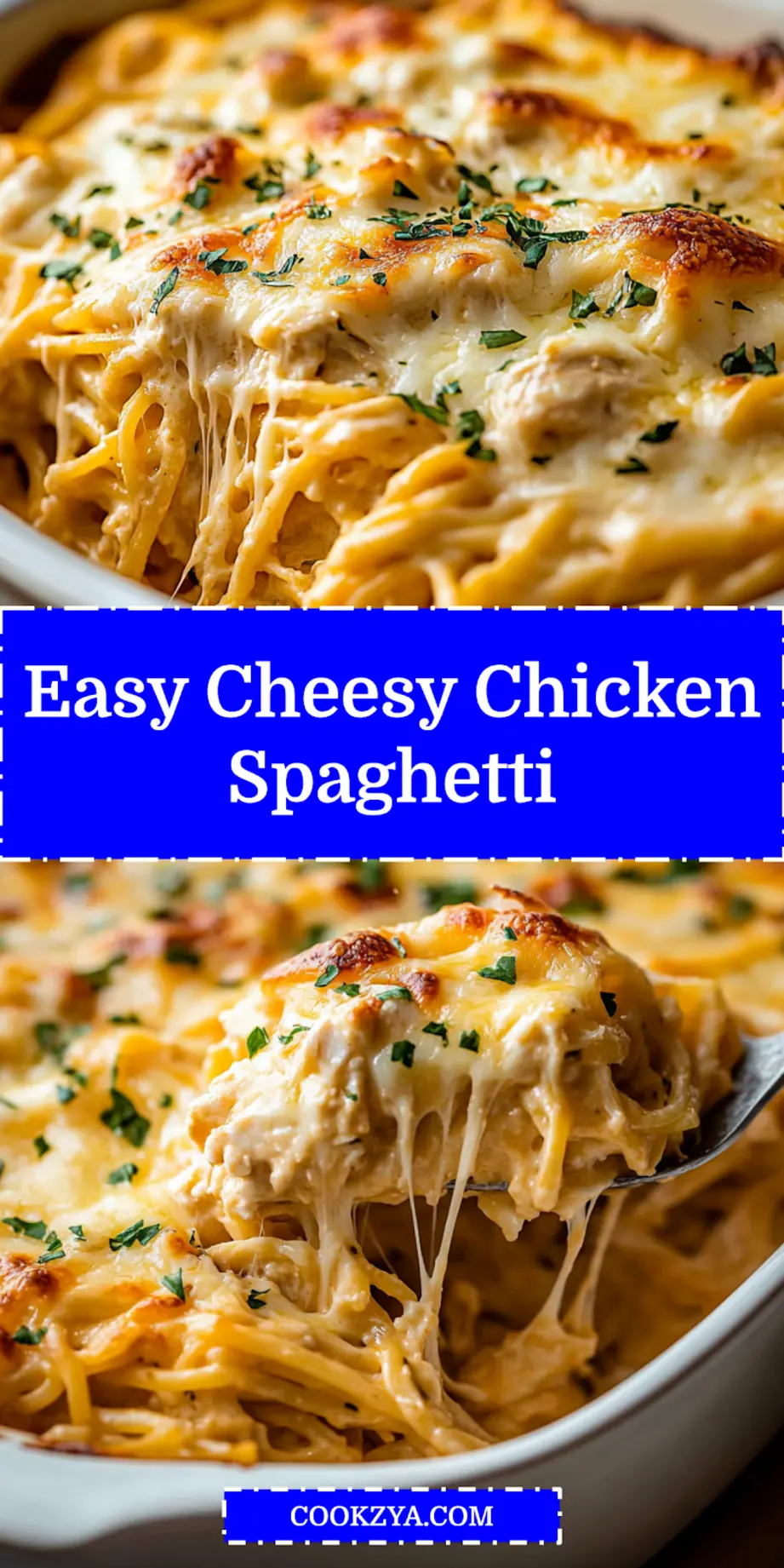 Cheesy Chicken Spaghetti Casserole Recipe: Easy and Delicious Meal 6 A top-down shot of a golden-brown Cheesy Chicken Spaghetti Casserole in a white baking dish, ready to be served. The cheese topping is bubbly and slightly crispy, with visible spaghetti and chicken peeking through the creamy sauce.