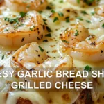 CHEESY GARLIC BREAD SHRIMP GRILLED CHEESE centered hero view, clean and uncluttered