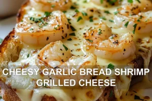 CHEESY GARLIC BREAD SHRIMP GRILLED CHEESE centered hero view, clean and uncluttered