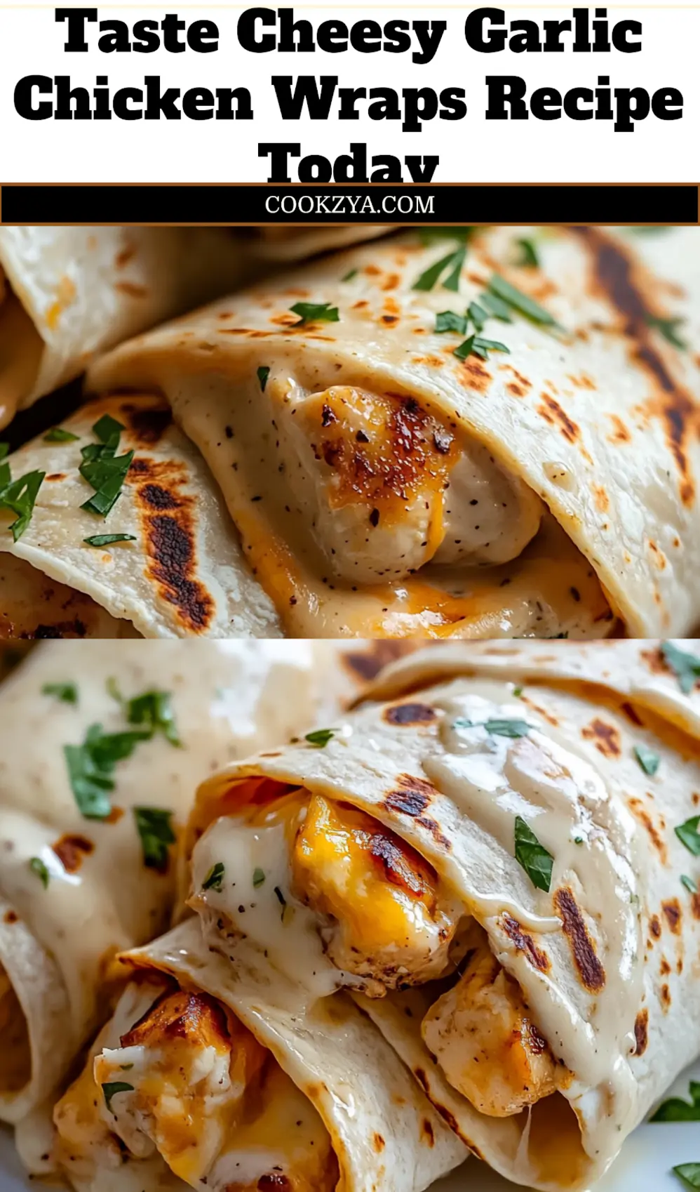 An eye-catching image of a sliced Cheesy Garlic Chicken Wrap, perfect for social media or pinning.