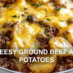 CHEESY GROUND BEEF AND POTATOES centered hero view, clean and uncluttered