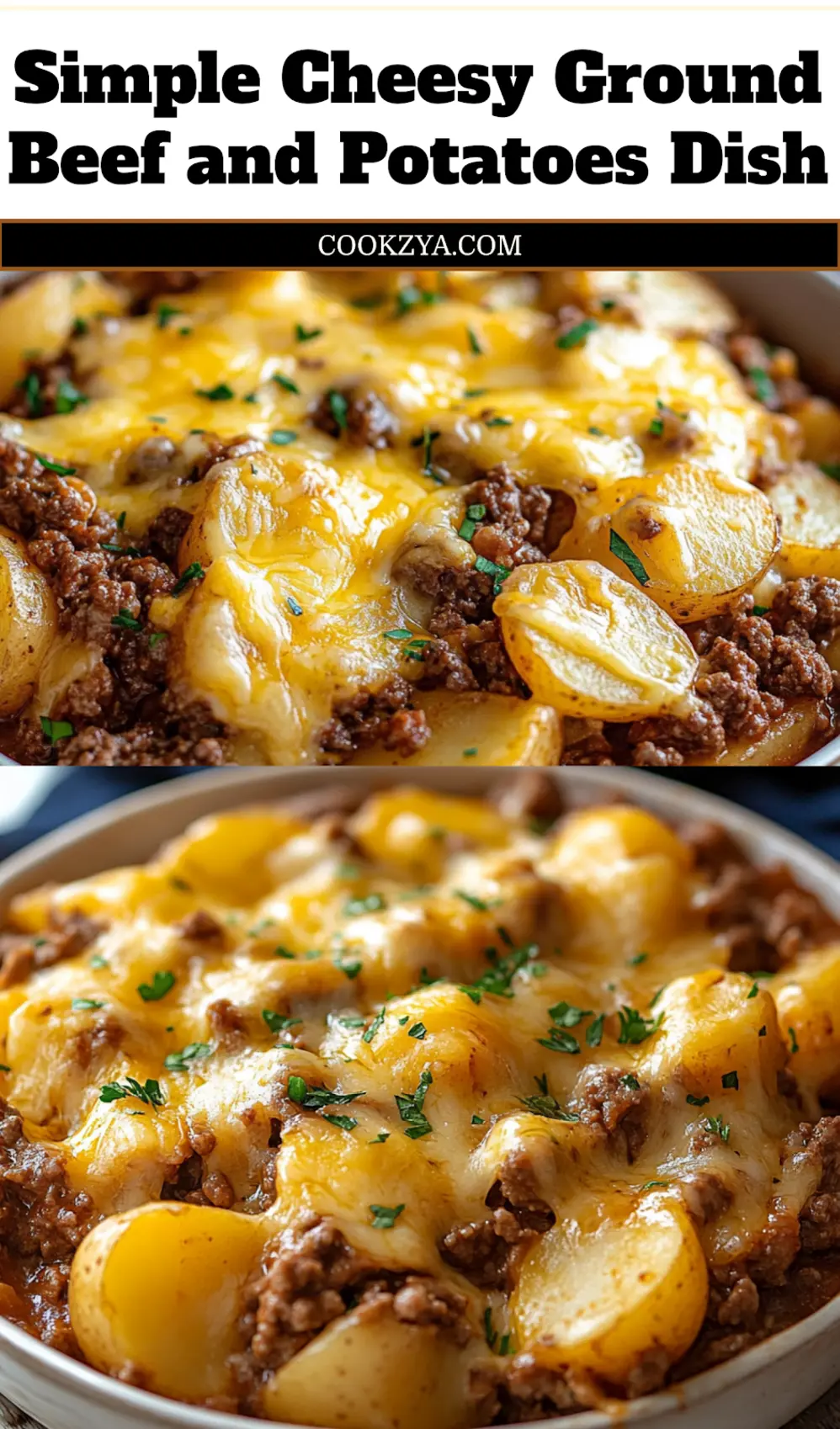 Close-up overhead shot of bubbling Cheesy Ground Beef and Potatoes casserole, ready to serve, with a golden-brown top and melted cheese.
