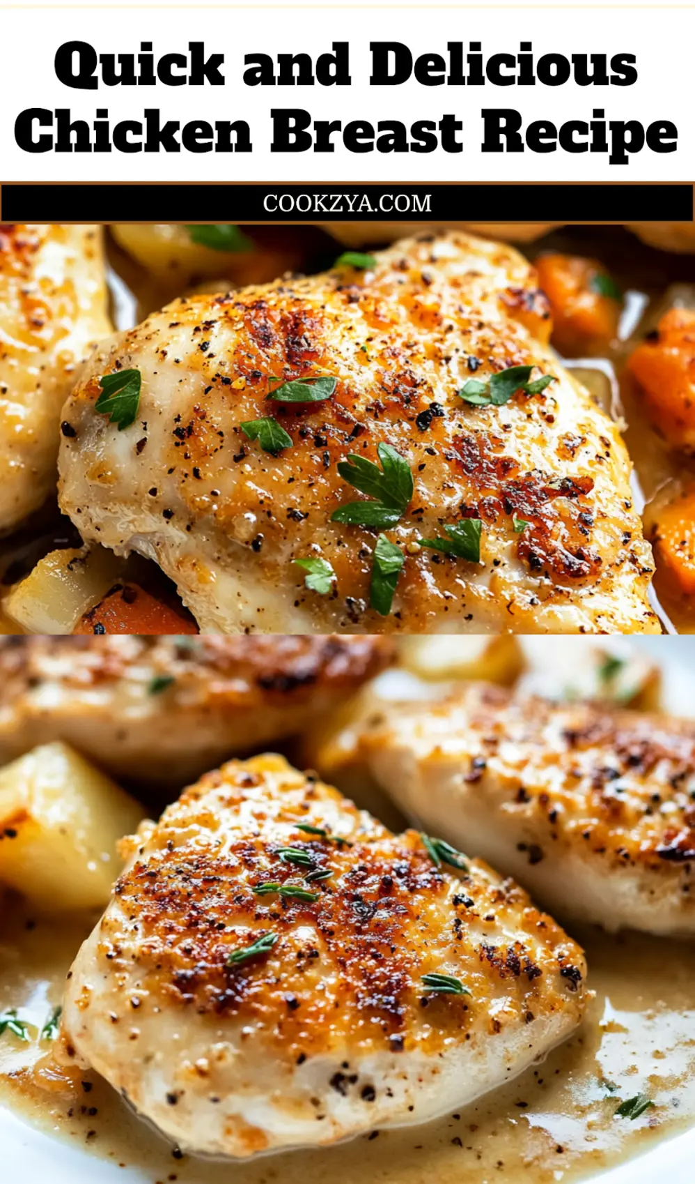 A perfectly baked chicken breast with a golden, bubbly parmesan crust, served with fresh herbs, ideal for a Pinterest recipe pin.