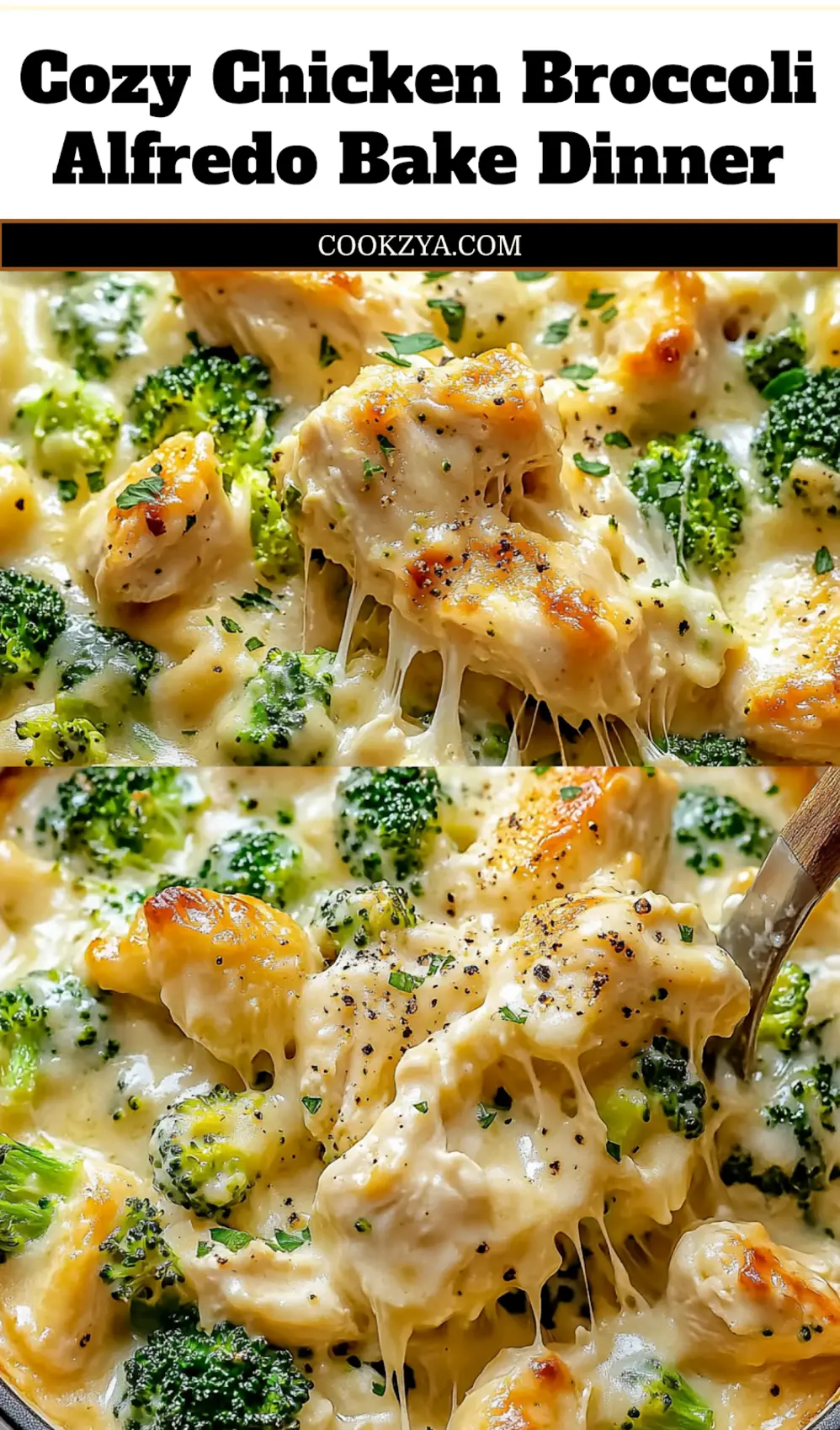 Pin this recipe for a delicious Chicken Broccoli Alfredo Bake, showing a casserole dish with golden brown top