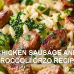 CHICKEN SAUSAGE AND BROCCOLI ORZO RECIPE centered hero view, clean and uncluttered