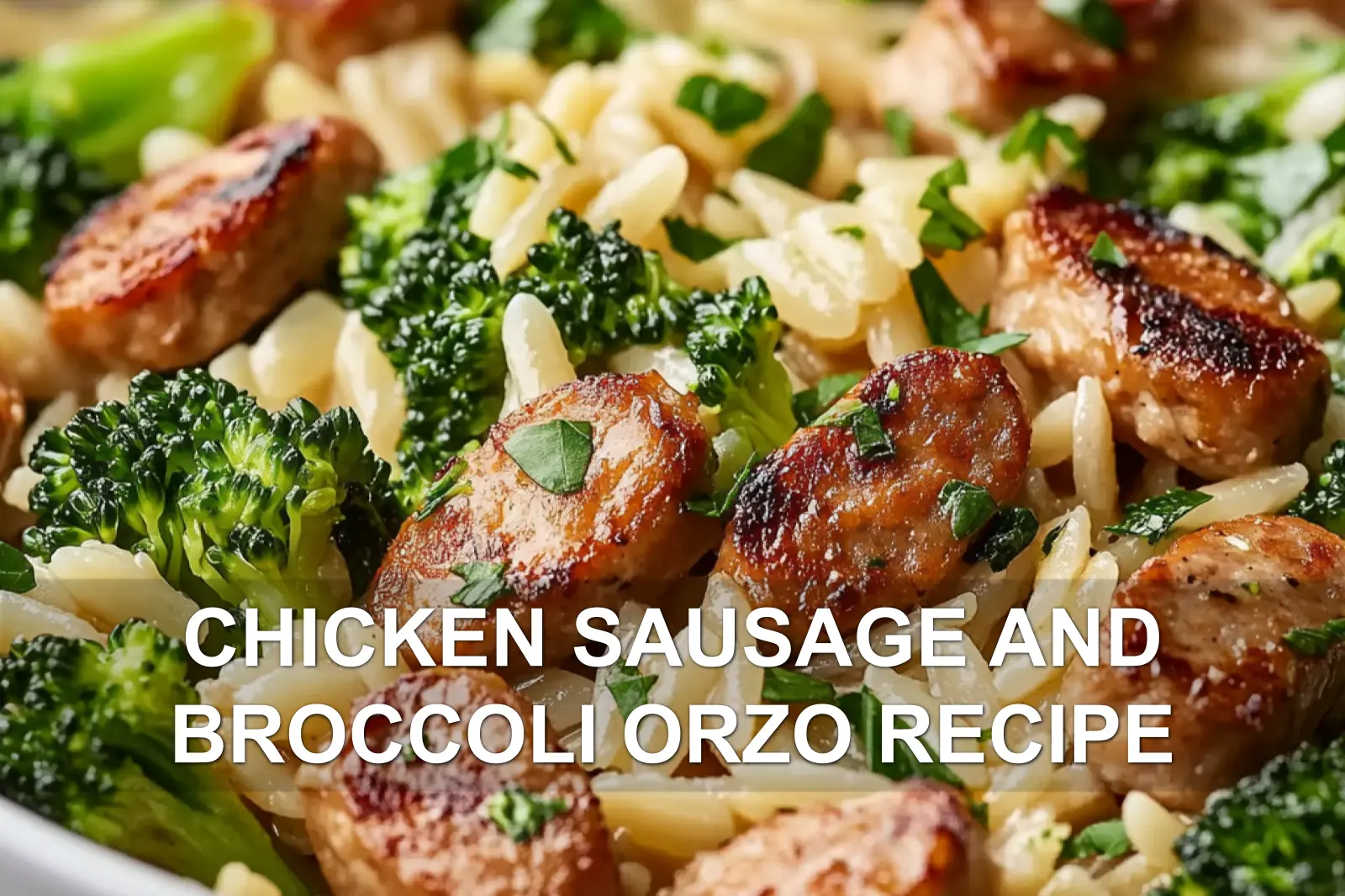 CHICKEN SAUSAGE AND BROCCOLI ORZO RECIPE centered hero view, clean and uncluttered