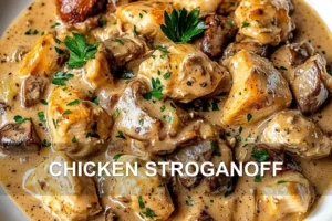 How to Make Chicken Stroganoff - Easy Cozy Meal CHICKEN STROGANOFF centered hero view, clean and uncluttered