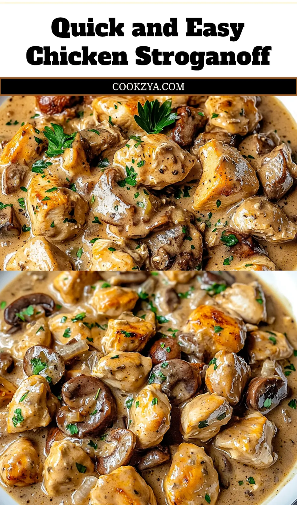Creamy Chicken Stroganoff served over egg noodles in a white bowl, garnished with fresh parsley.