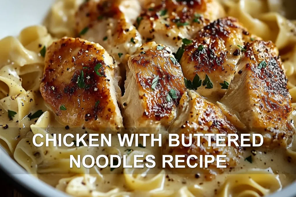 CHICKEN WITH BUTTERED NOODLES RECIPE centered hero view, clean and uncluttered