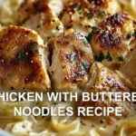 CHICKEN WITH BUTTERED NOODLES RECIPE centered hero view, clean and uncluttered