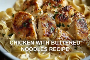 CHICKEN WITH BUTTERED NOODLES RECIPE centered hero view, clean and uncluttered