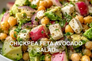 CHICKPEA FETA AVOCADO SALAD centered hero view, clean and uncluttered