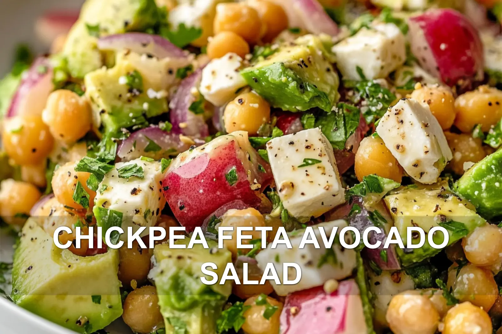 CHICKPEA FETA AVOCADO SALAD centered hero view, clean and uncluttered