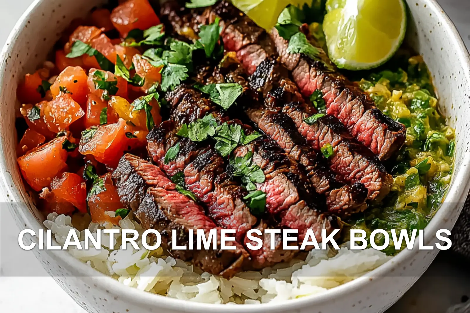 CILANTRO LIME STEAK BOWLS centered hero view, clean and uncluttered