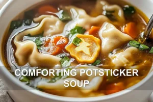 Comforting Potsticker Soup for Delicious Cozy Nights COMFORTING POTSTICKER SOUP centered hero view, clean and uncluttered