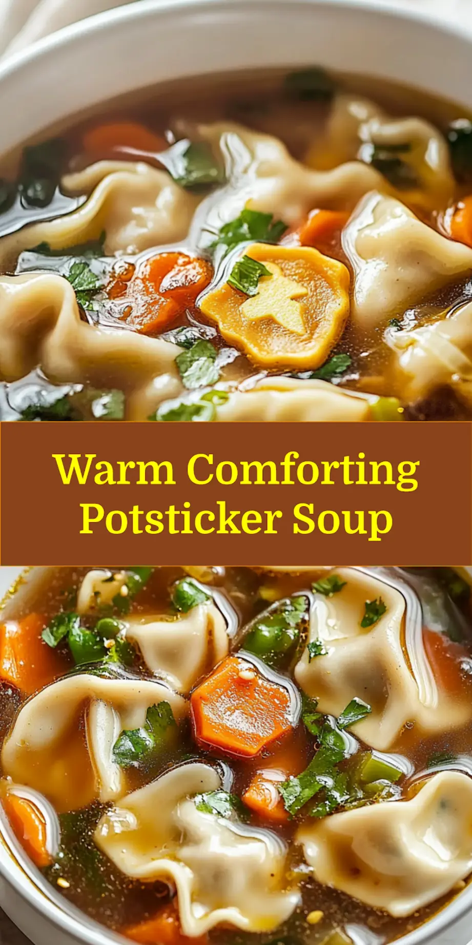 A close-up, top-down view of a steaming bowl of Comforting Potsticker Soup, garnished with chopped green onions. Tender potstickers and wilted spinach are visible in the savory broth.