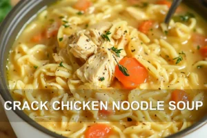 CRACK CHICKEN NOODLE SOUP centered hero view, clean and uncluttered