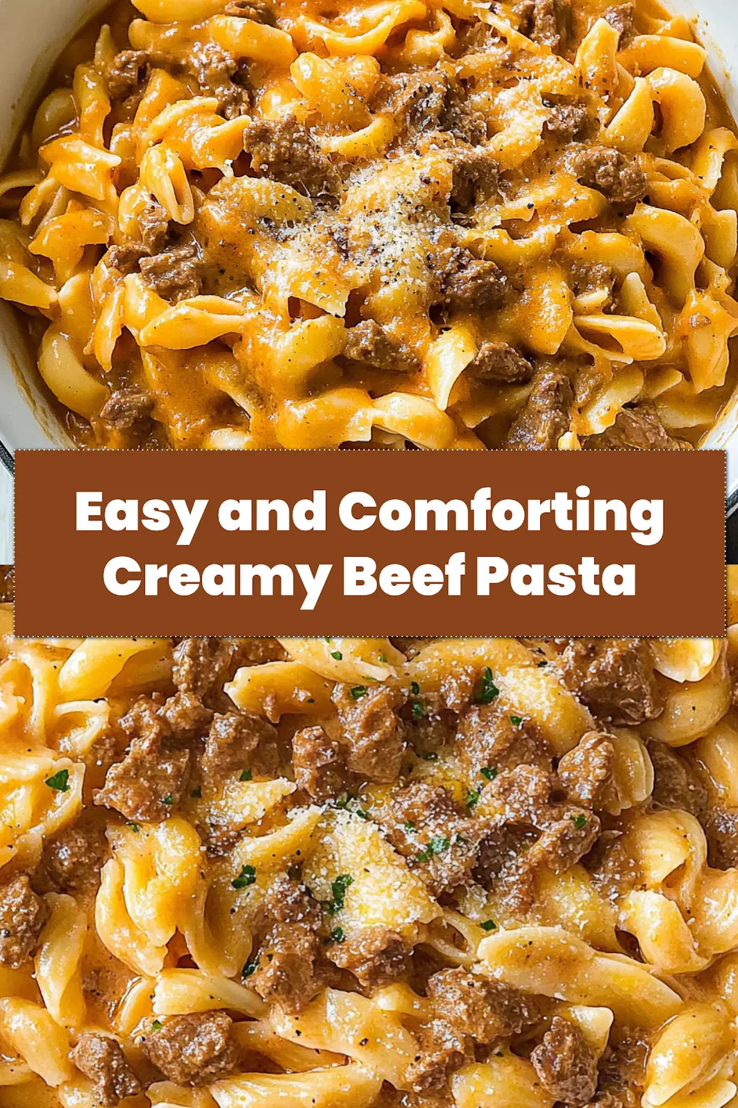 A close-up shot of creamy beef pasta with melted cheddar and mozzarella, garnished with fresh herbs, suitable for Pinterest sharing.