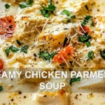 CREAMY CHICKEN PARMESAN SOUP centered hero view, clean and uncluttered