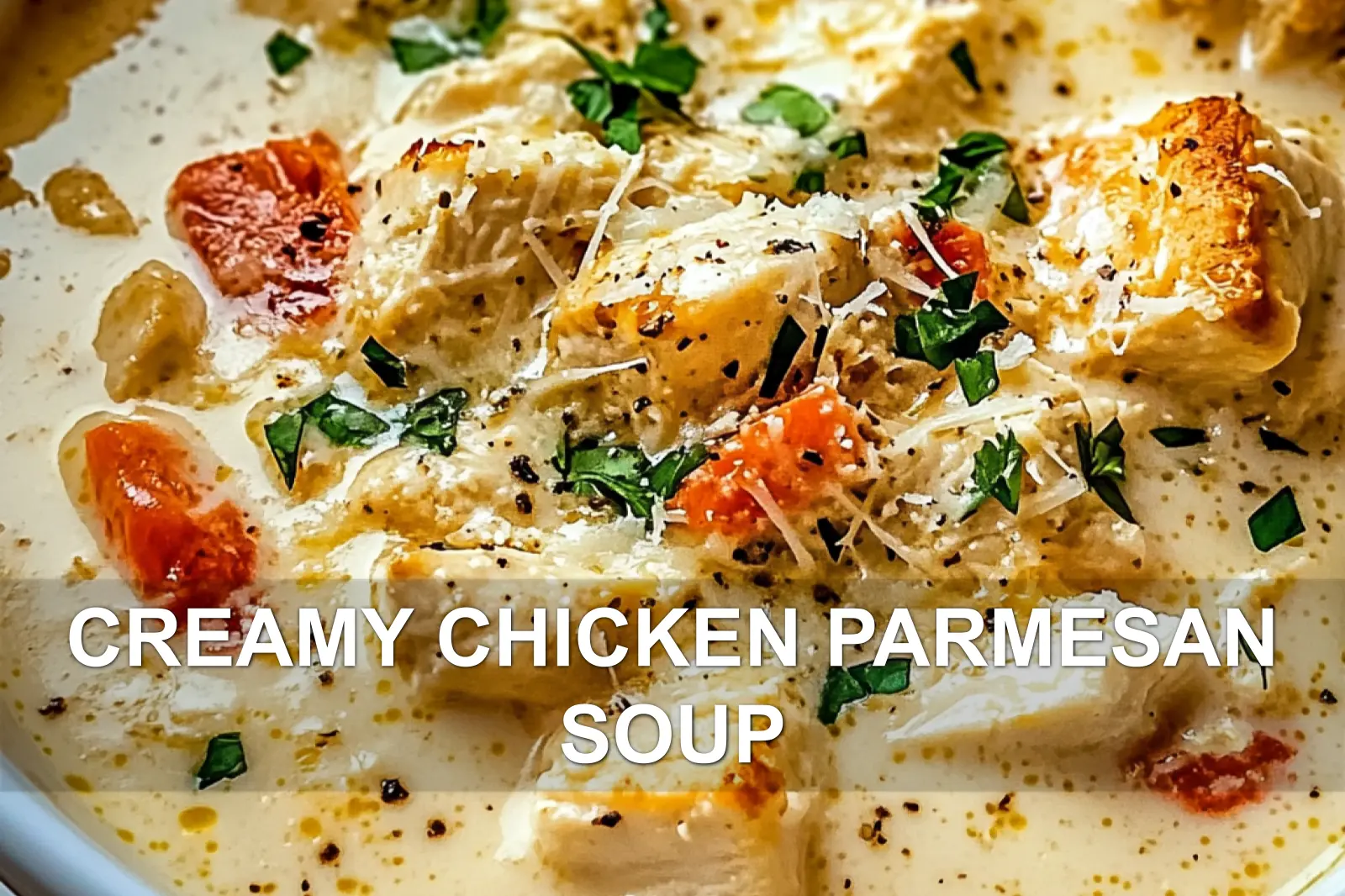 CREAMY CHICKEN PARMESAN SOUP centered hero view, clean and uncluttered