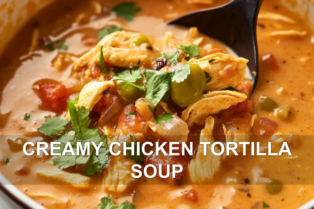 CREAMY CHICKEN TORTILLA SOUP centered hero view, clean and uncluttered