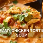 CREAMY CHICKEN TORTILLA SOUP centered hero view, clean and uncluttered