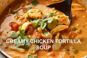 CREAMY CHICKEN TORTILLA SOUP centered hero view, clean and uncluttered