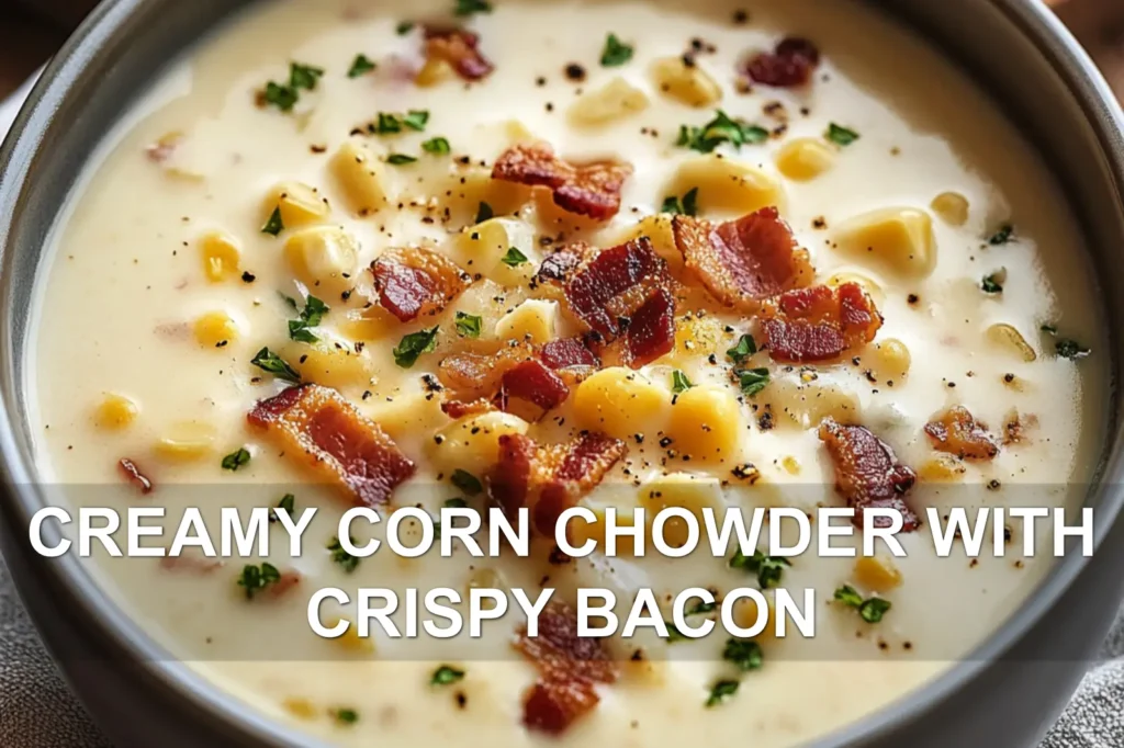 CREAMY CORN CHOWDER WITH CRISPY BACON centered hero view, clean and uncluttered