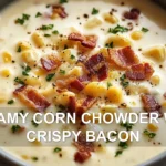 CREAMY CORN CHOWDER WITH CRISPY BACON centered hero view, clean and uncluttered