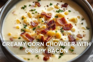 CREAMY CORN CHOWDER WITH CRISPY BACON centered hero view, clean and uncluttered