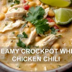 CREAMY CROCKPOT WHITE CHICKEN CHILI centered hero view, clean and uncluttered