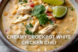 CREAMY CROCKPOT WHITE CHICKEN CHILI centered hero view, clean and uncluttered