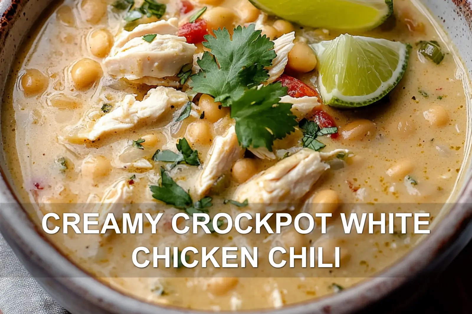 Rich creamy white chicken chili made in a slow cooker, topped with avocado