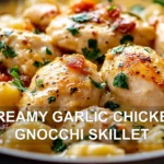 CREAMY GARLIC CHICKEN GNOCCHI SKILLET centered hero view, clean and uncluttered