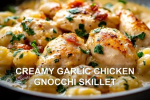 CREAMY GARLIC CHICKEN GNOCCHI SKILLET centered hero view, clean and uncluttered