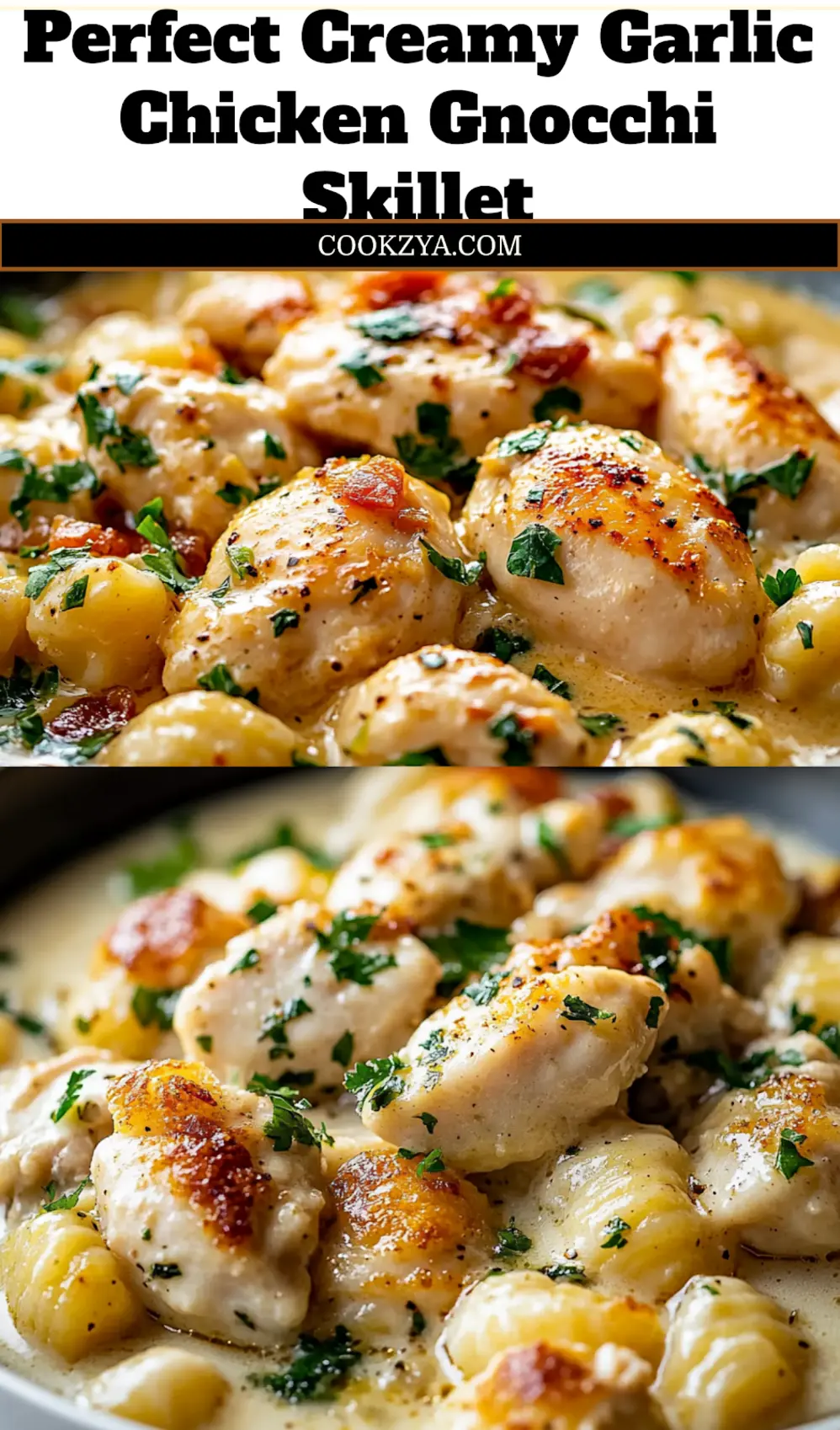 Creamy Garlic Chicken Gnocchi Skillet Recipe Must-Try 7 CREAMY GARLIC CHICKEN GNOCCHI SKILLET centered hero view, clean and uncluttered_pin