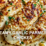 CREAMY GARLIC PARMESAN CHICKEN centered hero view, clean and uncluttered